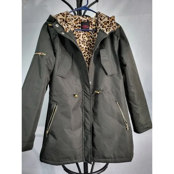Yoki Olive‎ Green Anorak Jacket Leopard Faux Fur Lined Hooded Drawstring - Picture 6 of 11